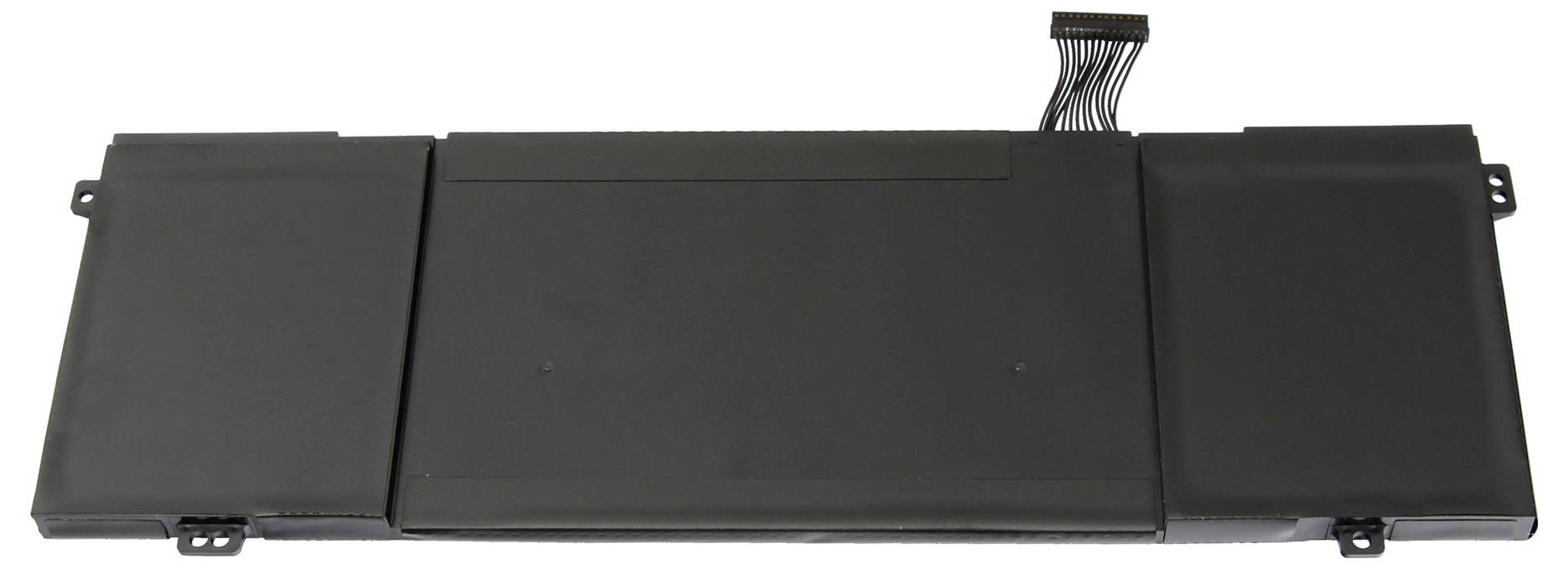 Zwarte laptopbatterijpack met drie rechthoekige secties en een verbindingskabel die zich uitstrekt vanaf het middelpunt van de bovenkant