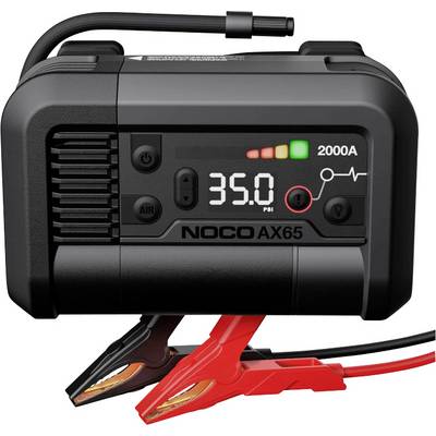 NOCO AX65 draagbare luchtcompressor en jumpstarter die 35,0 PSI, 2000A weergeeft, met bijgevoegde rode en zwarte accu-klemmen
