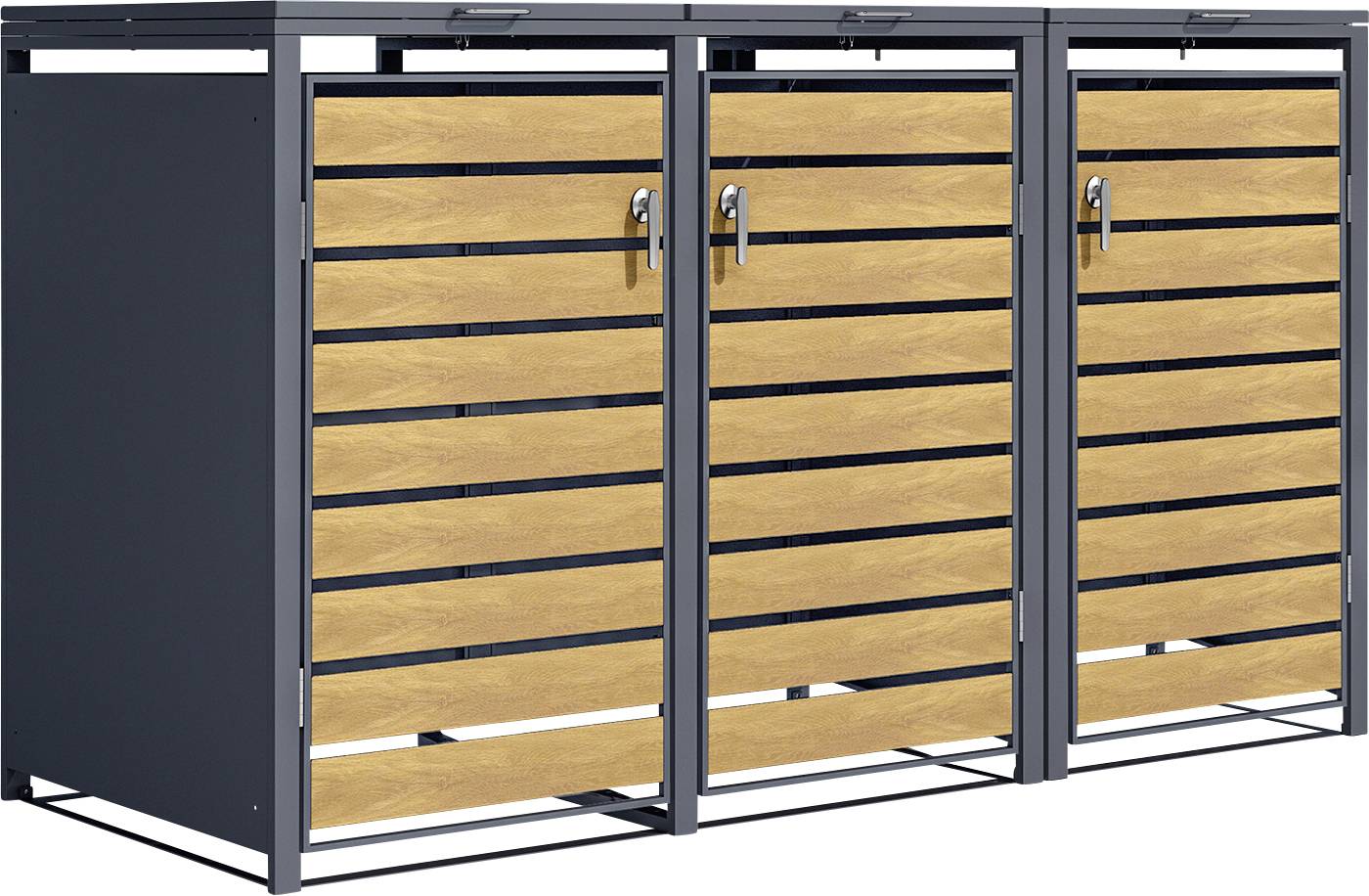 Driedelig modern tuinopslagkast met houten latten frontpanelen en donkergrijs metalen frame, weergegeven met gesloten deuren.