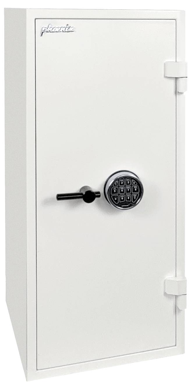 Witte beveiligingskluis met een toetsenbordsluiting en handvat op de voordeur.