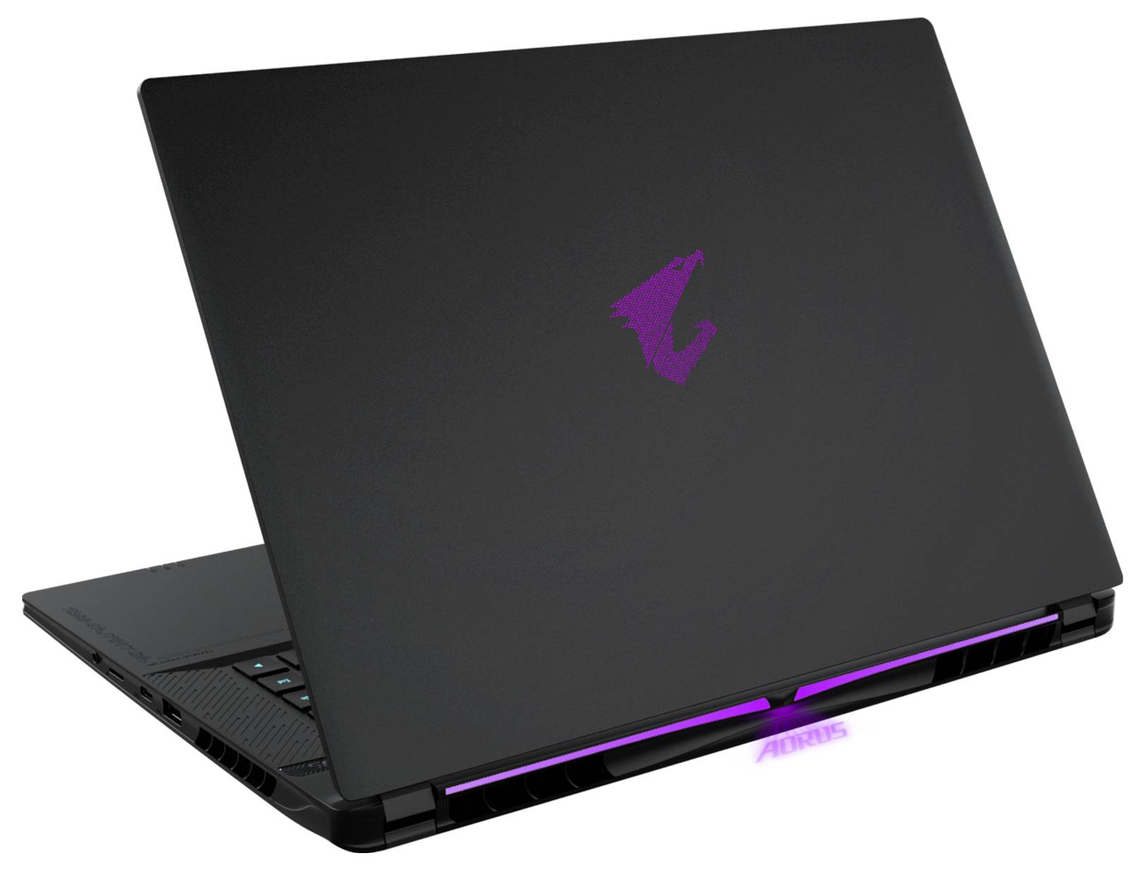 Gesloten zwarte AORUS gaming laptop met een glowend paars logo en voorlichtbalk, weergegeven onder een hoek op een witte achtergrond.