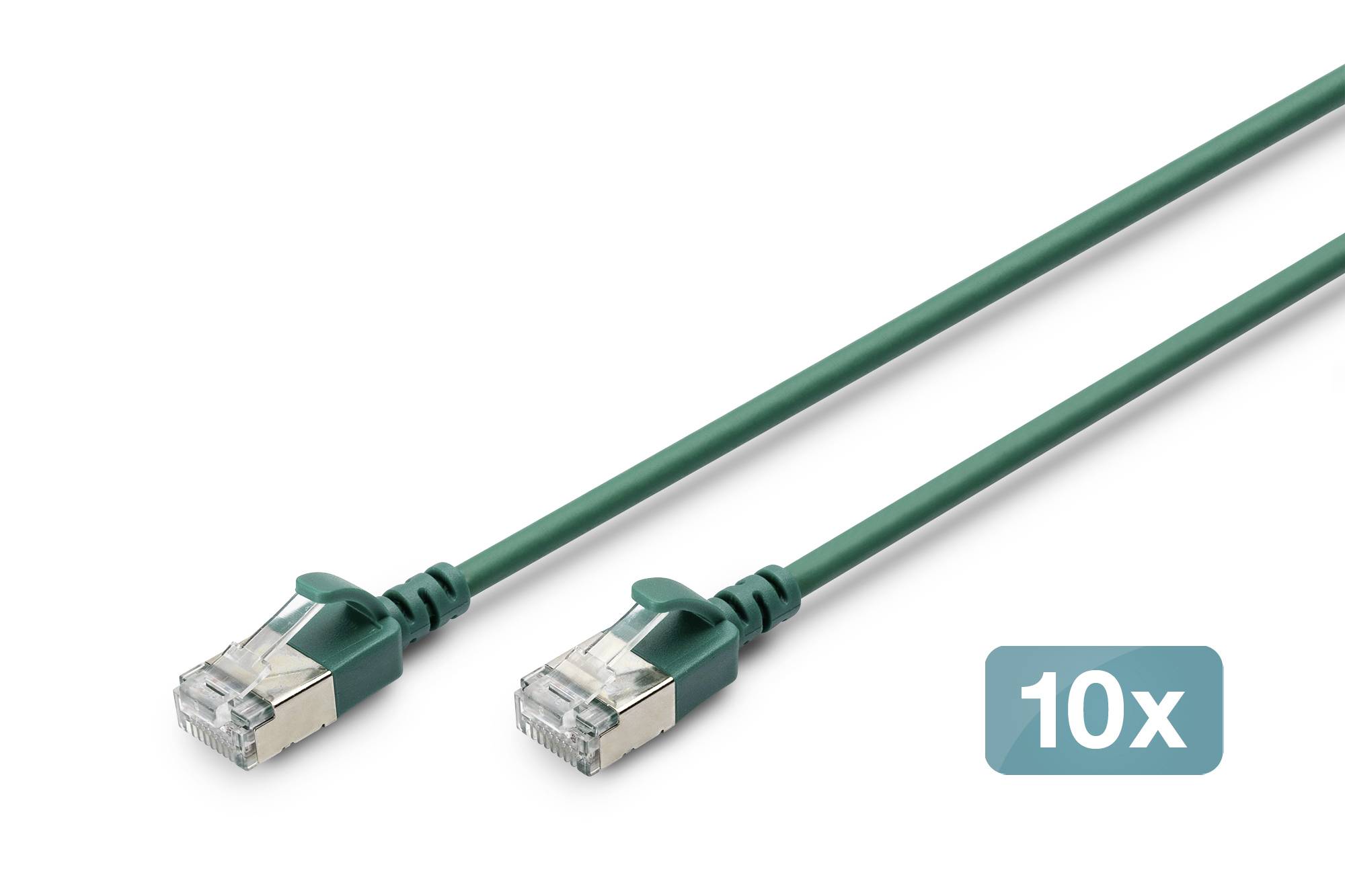 Twee groene Ethernet-kabels met RJ45-connectoren, gelabeld '10x'.