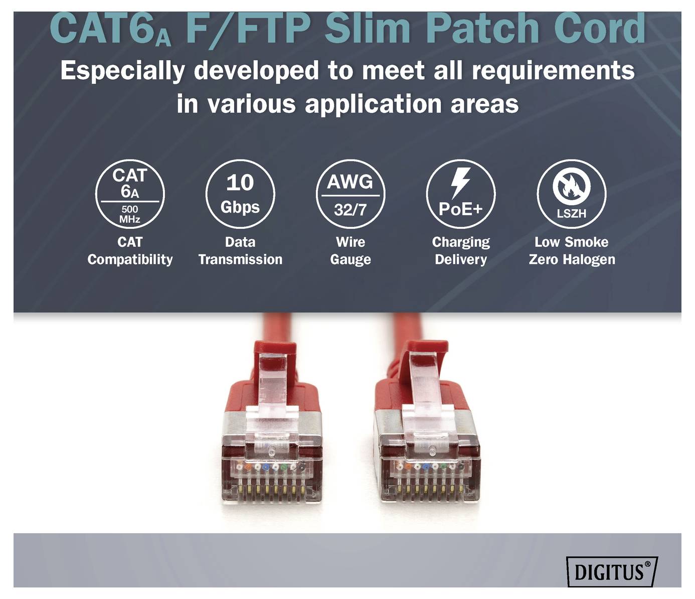 Promotiegrafiek voor CAT6A F/FTP slimme patchkabel, met nadruk op 10 Gbps-transmissie, AWG 32/7, PoE+, en laagsmook-halogeen-vrije eigenschappen, met twee rode ethernetconnectoren eronder afgebeeld.
