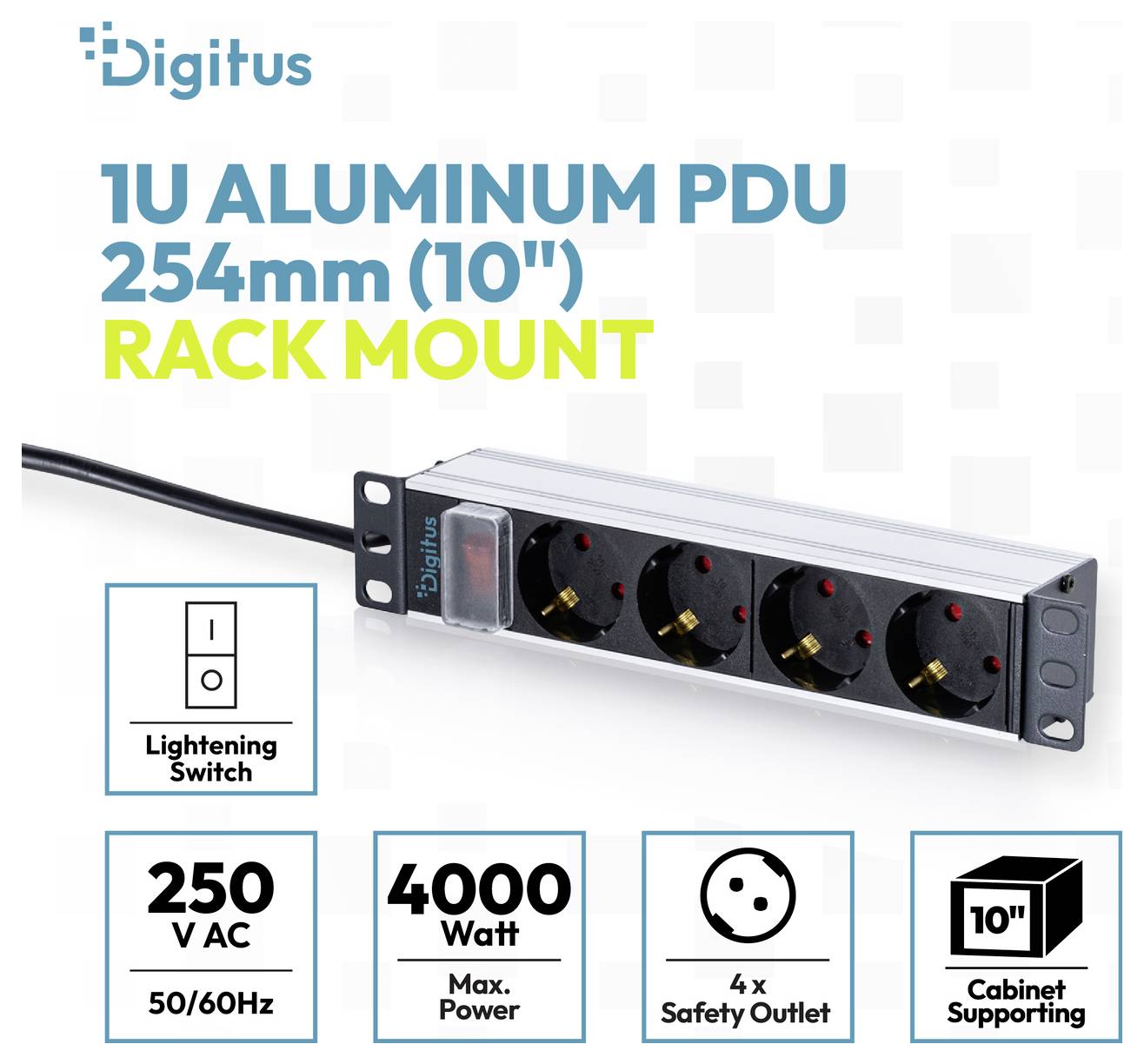 Digitus 1U aluminium inbouw-PDU, 254 mm (10 inch), met 4 veiligheidscontacten, verlichte schakelaar, 250 V AC, maximaal 4000 W.