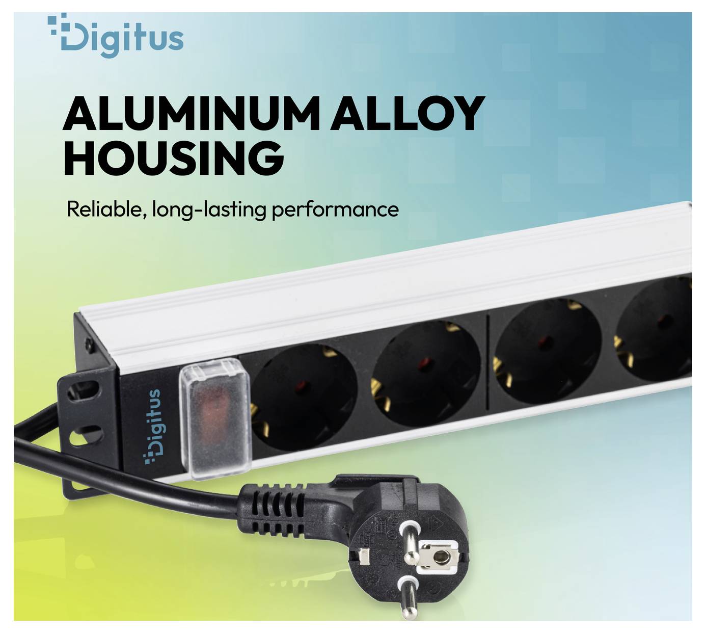 Digitus aluminium legering stekkerdoos met meerdere contactdozen en aangesloten stekker, gelabeld 'Betrouwbare, langdurige prestaties'.