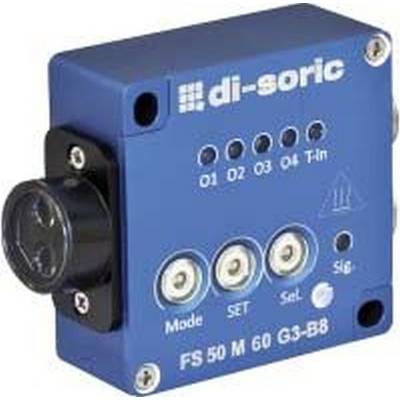 Blauwe di-sore industriële sensoreenhei met frontlens, indicatorlampjes en gelabelde Mode/SET-besturingselementen op een witte achtergrond.