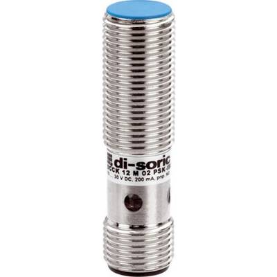 Close-up van een cilindrische metalen sensor met een blauw dopje en het label 'di-soric', waarop het schroefdraad lichaam en de kabelopening zichtbaar zijn.