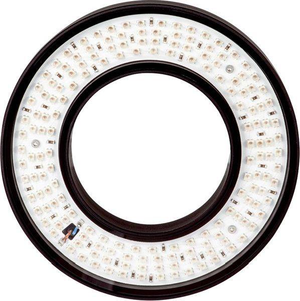 Circulaire LED-ringverlichting met een donker buitenframe en veel kleine witte LED-diodes rond een centrale opening.