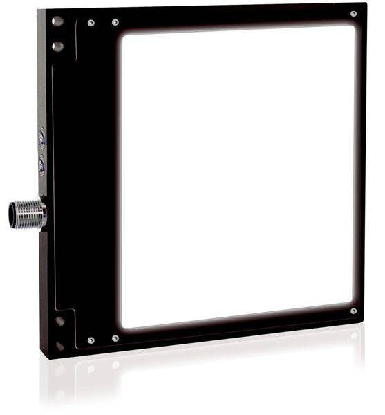 Vierkant geïlumineerd industrieel paneellicht met zwart metalen frame en zijconnector, weergegeven op een witte achtergrond.