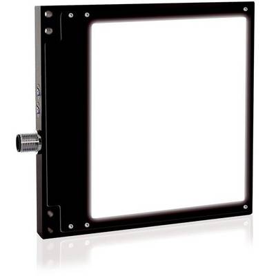 Vierkant geïlumineerd industrieel paneellicht met zwart metalen frame en zijconnector, weergegeven op een witte achtergrond.