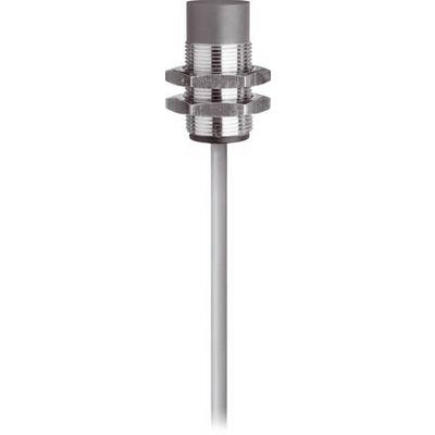 Een roestvrijstalen schroefdraad cilindrische sensor met een lange sonde, weergegeven tegen een witte achtergrond.