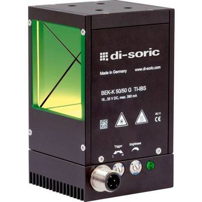 Zwarte di-sorische industriële sensormodule met groen verlicht zijraam, voorlabel, aansluitpoort en instelschijven.