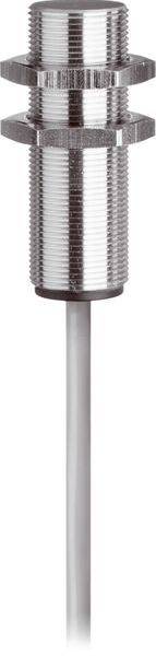 Metalen cilindrische schroefdraad sensor met een gladde probe die naar beneden uitsteekt, weergegeven op een witte achtergrond.