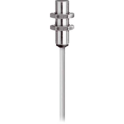 Metalen cilindervormige sensor met schroefdraad, zeskantmoeren en een witte kabel die naar beneden uitsteekt.