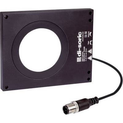 Zwarte rechthoekige d-sorische sensormodule met grote cirkelvormige opening en bevestigde kabel die eindigt in een metalen connector.