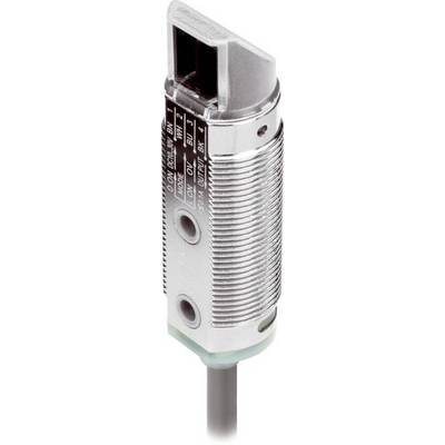 Vergrote weergave van een cilindrische industriële sensor of schakelaar met schroefdraad metalen behuizing, statusvenster en kabel die zich uitstrekt vanaf de onderkant.