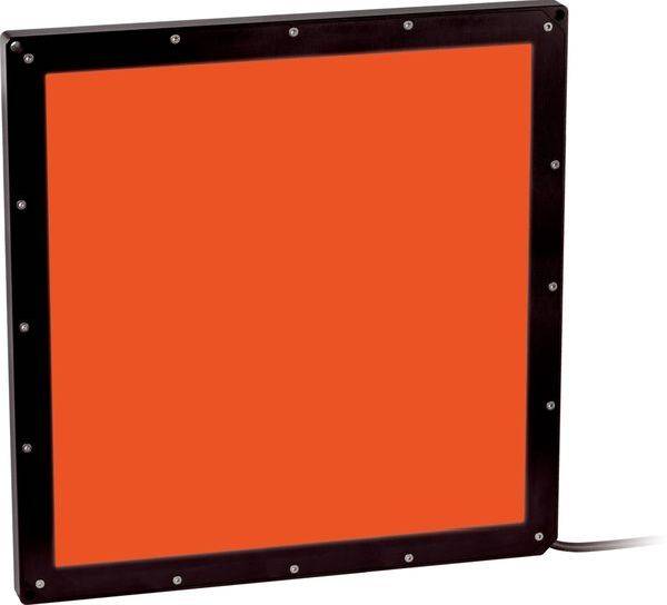 Oranje vierkant paneel met een zwart schroefbevestigd frame en een stroomkabel, weergegeven tegen een witte achtergrond.