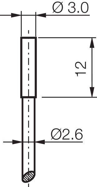 Technische tekening van een cilindische staaf of pen met afmetingen Ø3,0 aan de bovenkant, Ø2,6 aan de onderkant, en lengte 12.