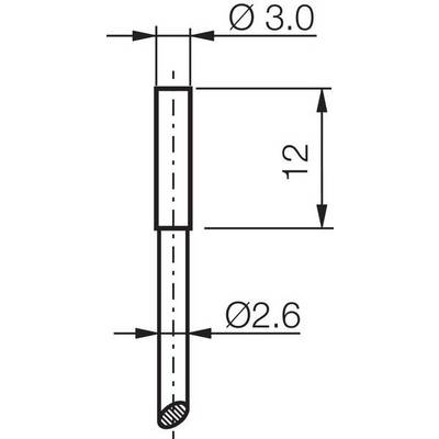 Technische tekening van een cilindische staaf of pen met afmetingen Ø3,0 aan de bovenkant, Ø2,6 aan de onderkant, en lengte 12.