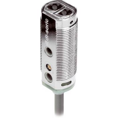 Gedetailleerde weergave van een zilver- en zwartkleuring cilindrische sensor of elektronische component met een schroefbare metalen behuizing, bevestigingsgaten en een uitstekende stang.