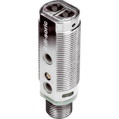 Metalen cilindrische industriële sensor met schroefdraad basis, zijdelingse lensopeningen en 'di-soric' branding.