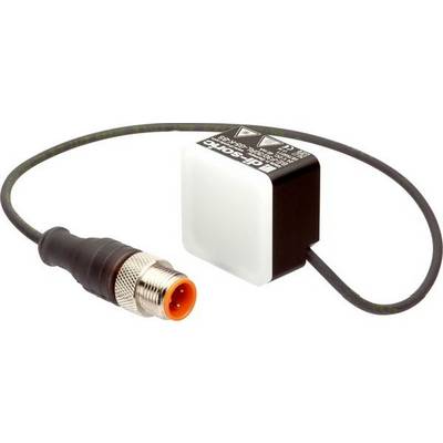 Close-up van een bekabelde sensor met een zwart-wit rechthoekige module en een metalen ronde connector.