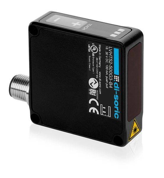 Zwarte di-sorische sensor met schroefdraad metalen connector en laserwaarschuwingssymbool aan de zijkant.
