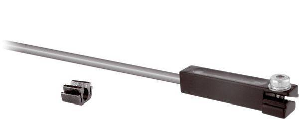 Klem op een metalen staaf met een zwarte verstelbare houder en schroefbevestiging, weergegeven met een kleine clip ernaast op een witte achtergrond