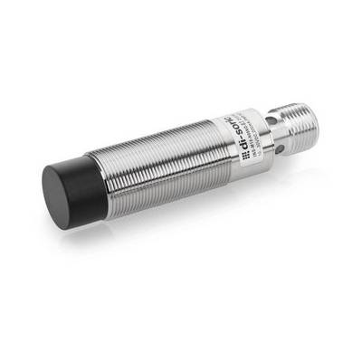 Cilindrische schroefdraad metaalsensor met zwart kapje, weergegeven op een witte achtergrond.
