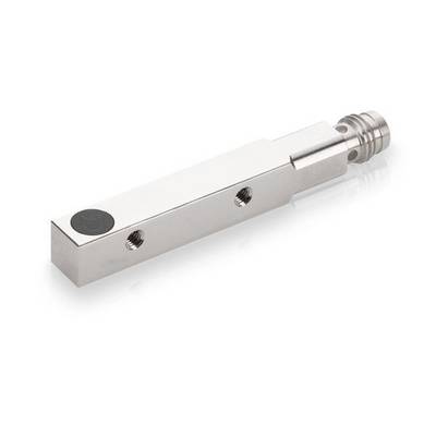 Metalen rechthoekige sensor- of actuatorcomponent met geboorde gaten en een cilindrische connector aan één uiteinde, weergegeven op een witte achtergrond.