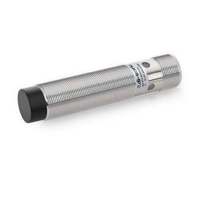 Cilindrische gethreade metalen nabijheidssensor met zwart voelerkopje en gelabeld eindkopje, afgebeeld op een witte achtergrond.