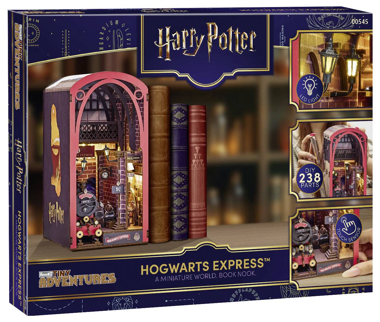 Harry Potter Hogwarts Express miniatuuurwereldboekhoekje kitdoos, met een verlichte treinstationscène met 238 onderdelen en zelfbouwassemblageafbeeldingen.
