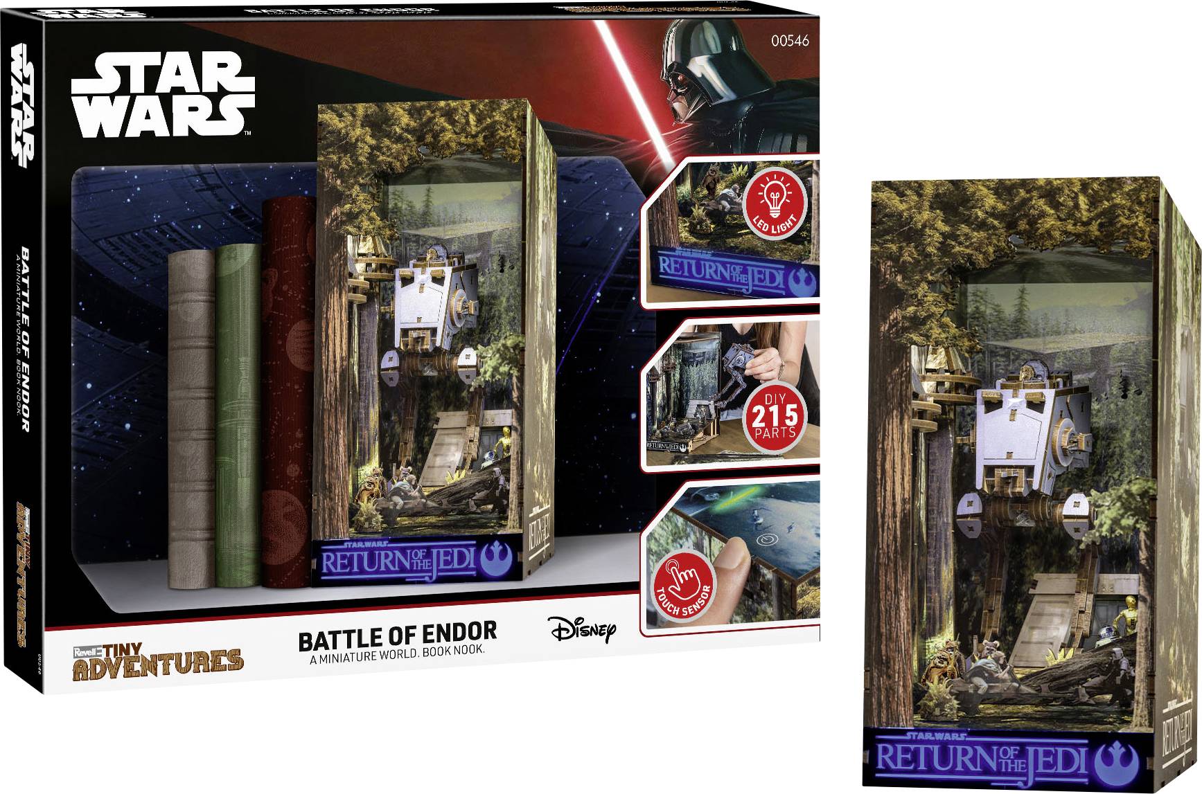 Star Wars Tiny Adventures 'Slag van Endor' miniatuurtje wereld boek hoekje set, met een bosdirama en Return of the Jedi branding, weergegeven in doos en open display.