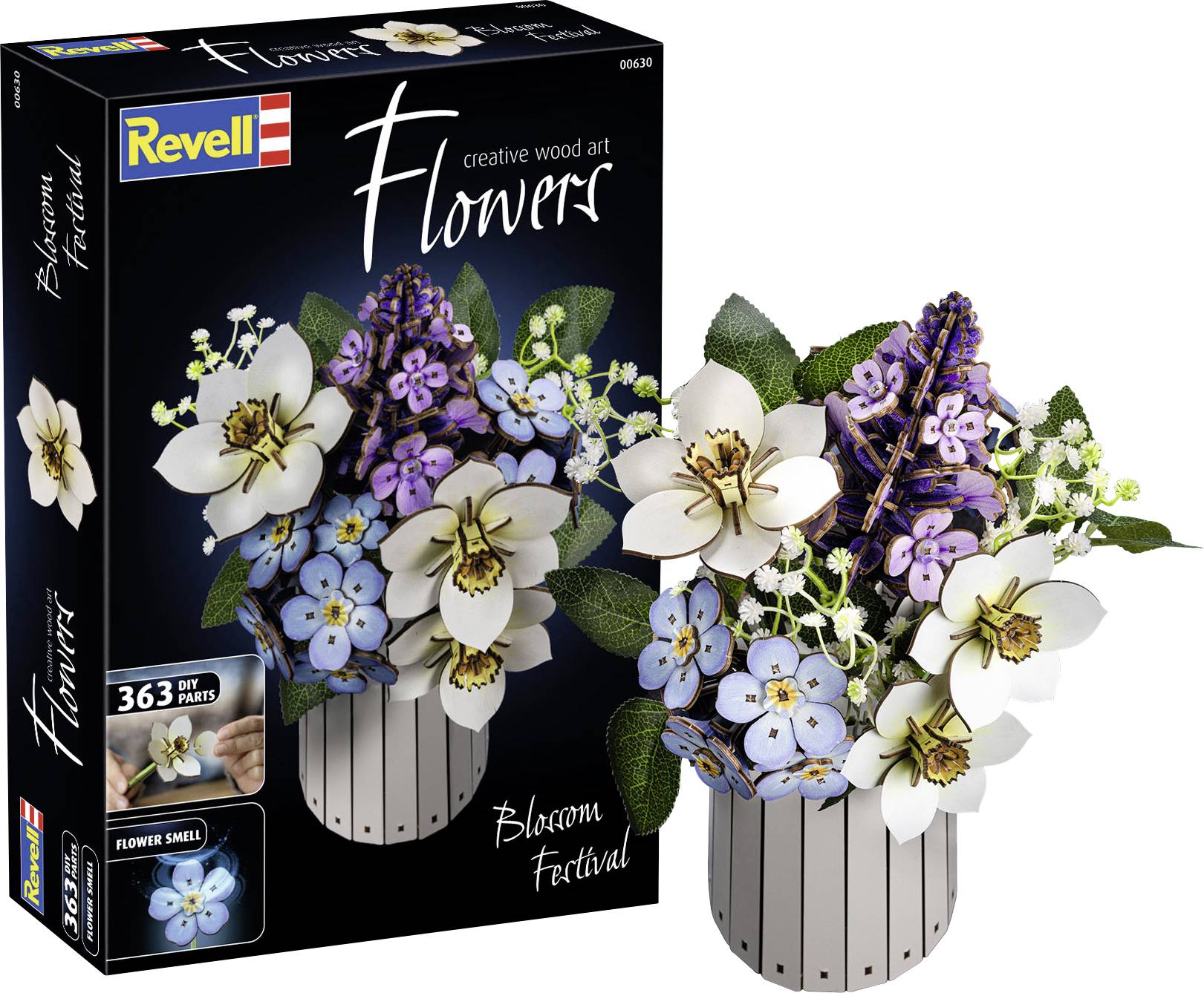 Productdoos en samengesteld 3D-houten bloemenmodel van Revell, met een boeket van witte, paarse en blauwe bloemen in een gestreepte vaas, gelabeld 'Flowers' en 'Bloom Festival'.