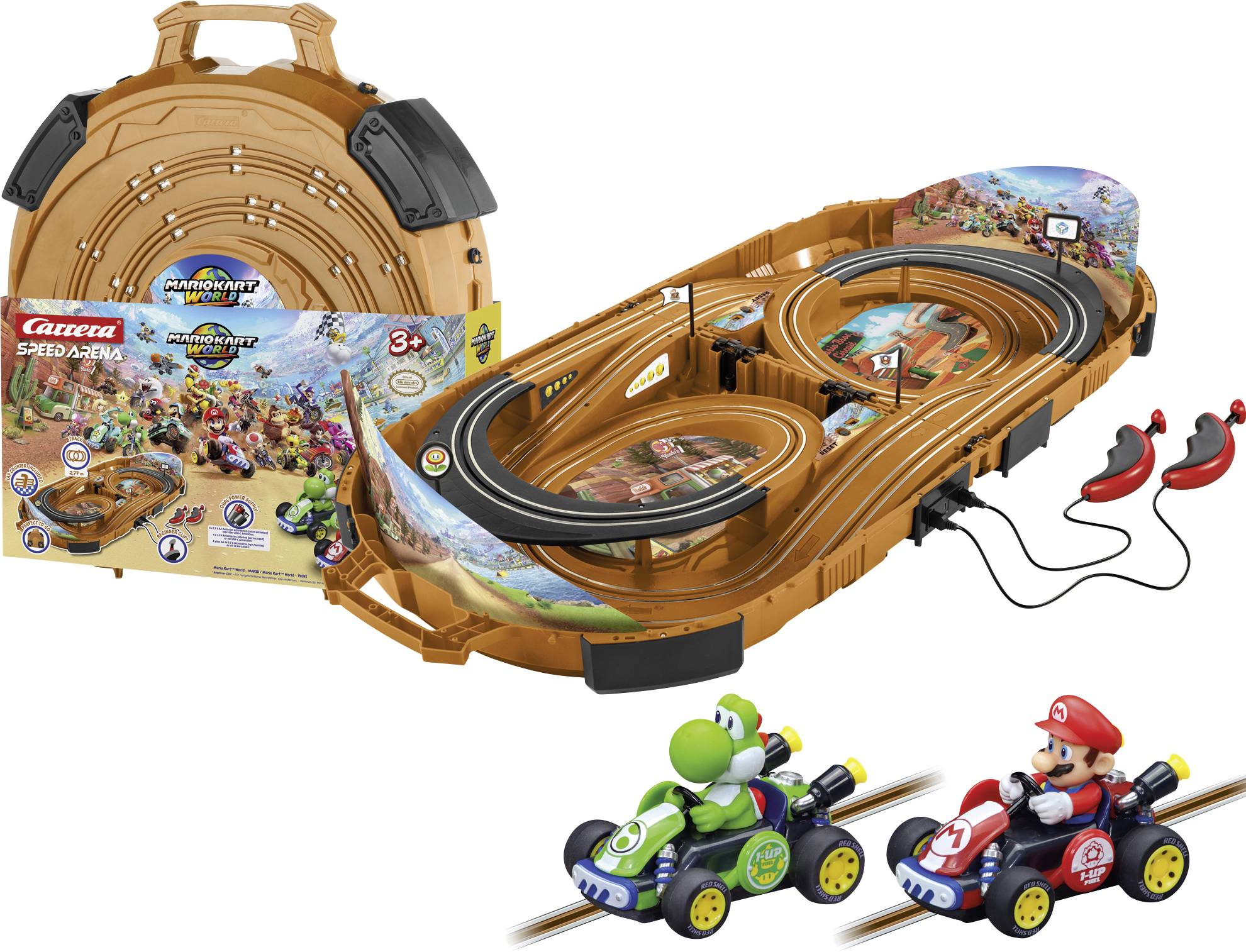 Carrera Mario Kart slot car raceset met draagbare koffer, loopingbaan, twee controllers en Yoshi en Mario auto's.