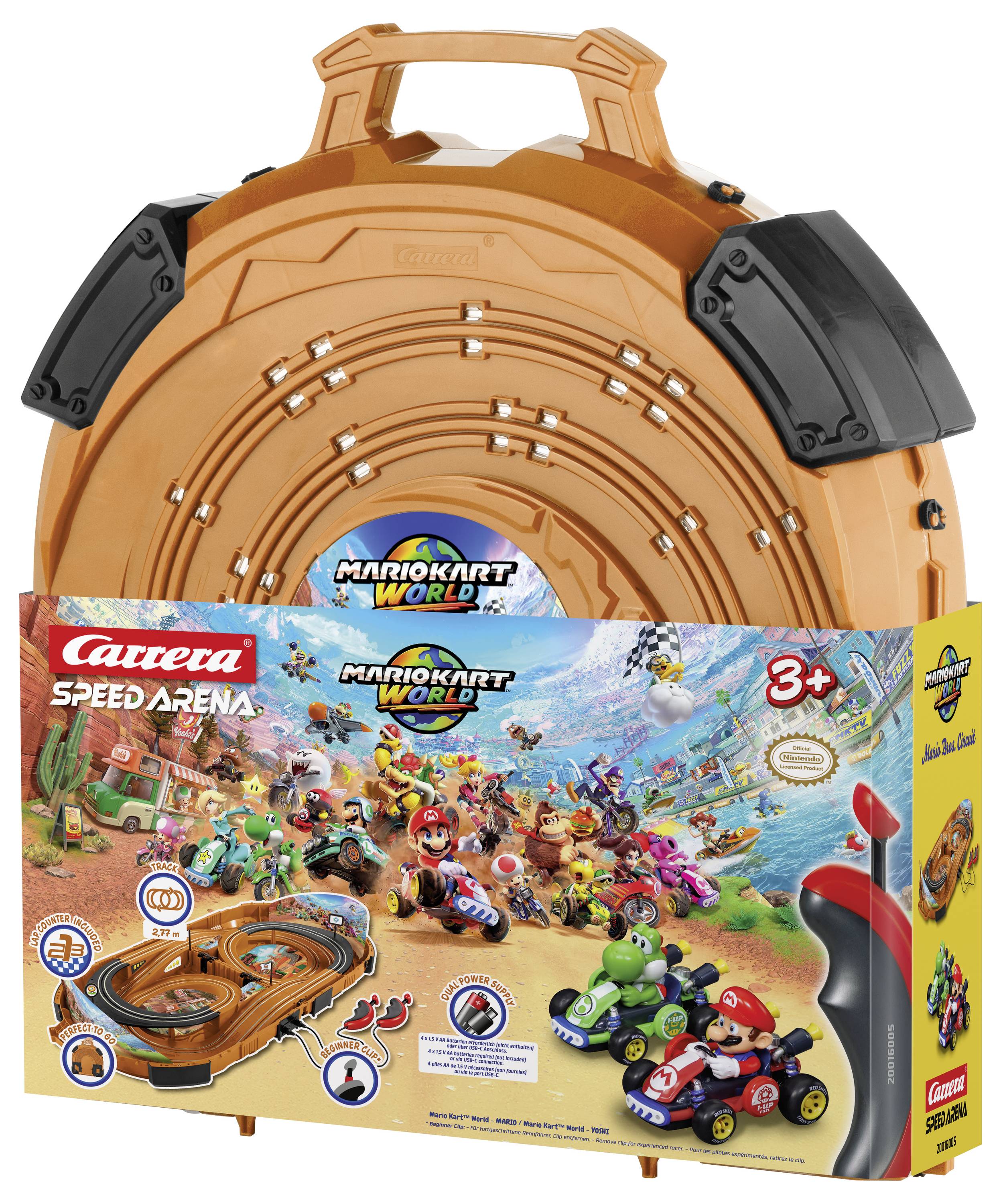 Oranje Carrera Speed Arena Mario Kart World speelgoedracecircuit in een draagtas, met Mario Kart-themed verpakking en twee inbegrepen slotcars.