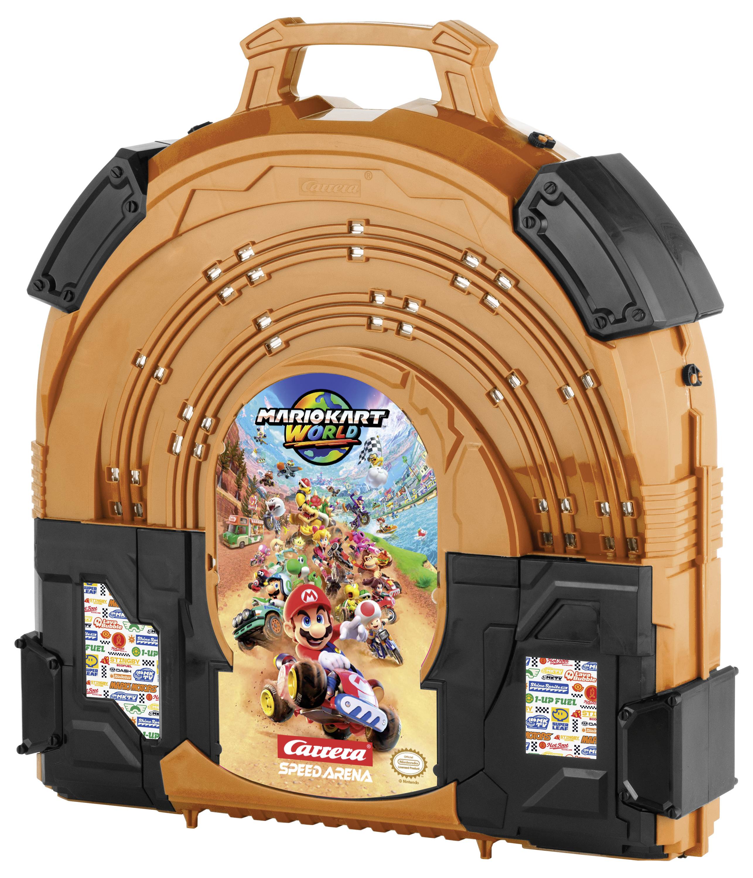 Oranje en zwart draagtas voor een Carrera Speed Arena Mario Kart World set, met Mario Kart World artwork op de voorkant.