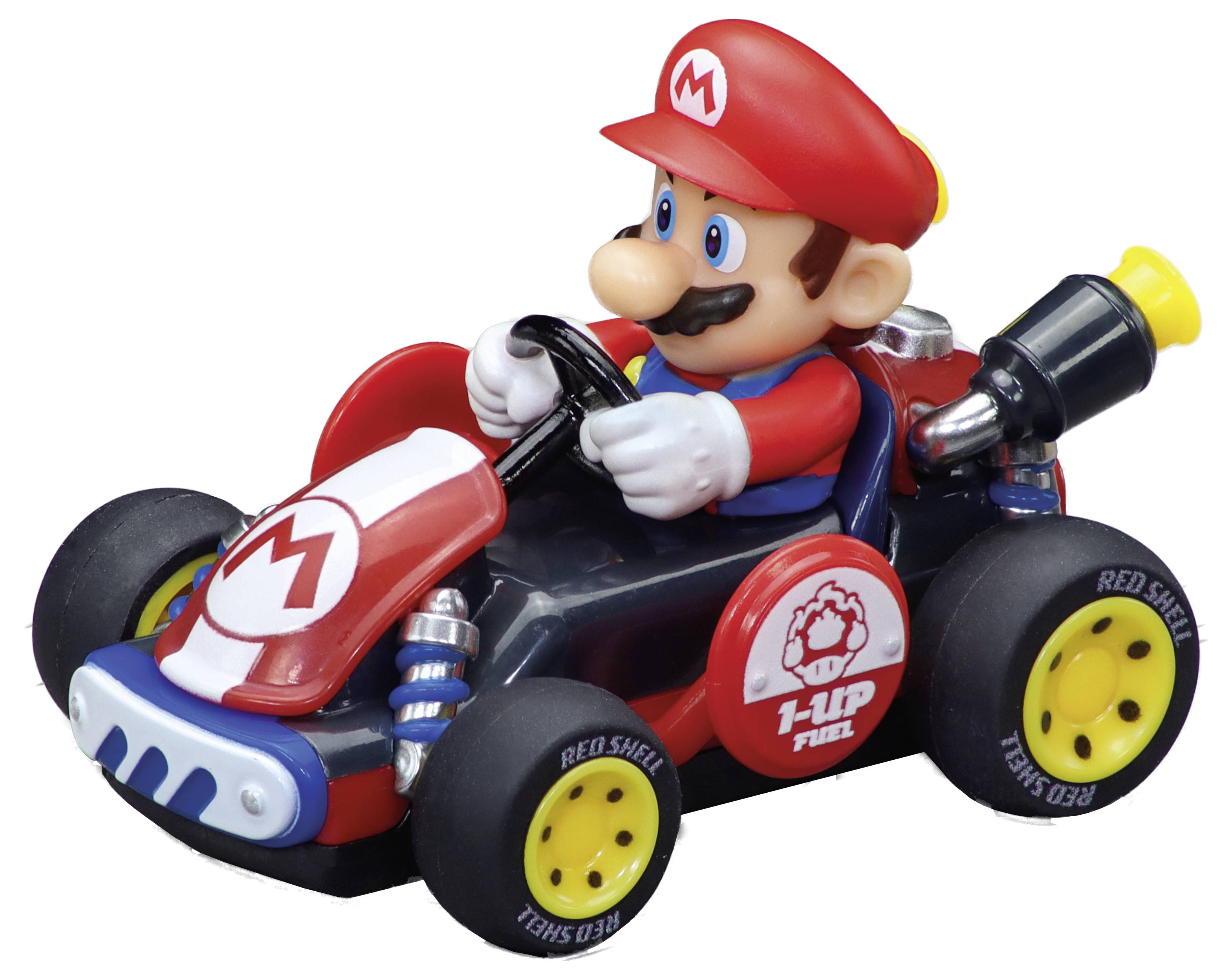 Mario die een rood-zwarte speelgoedkart met gele wielen bestuurt, weergegeven op een witte achtergrond.