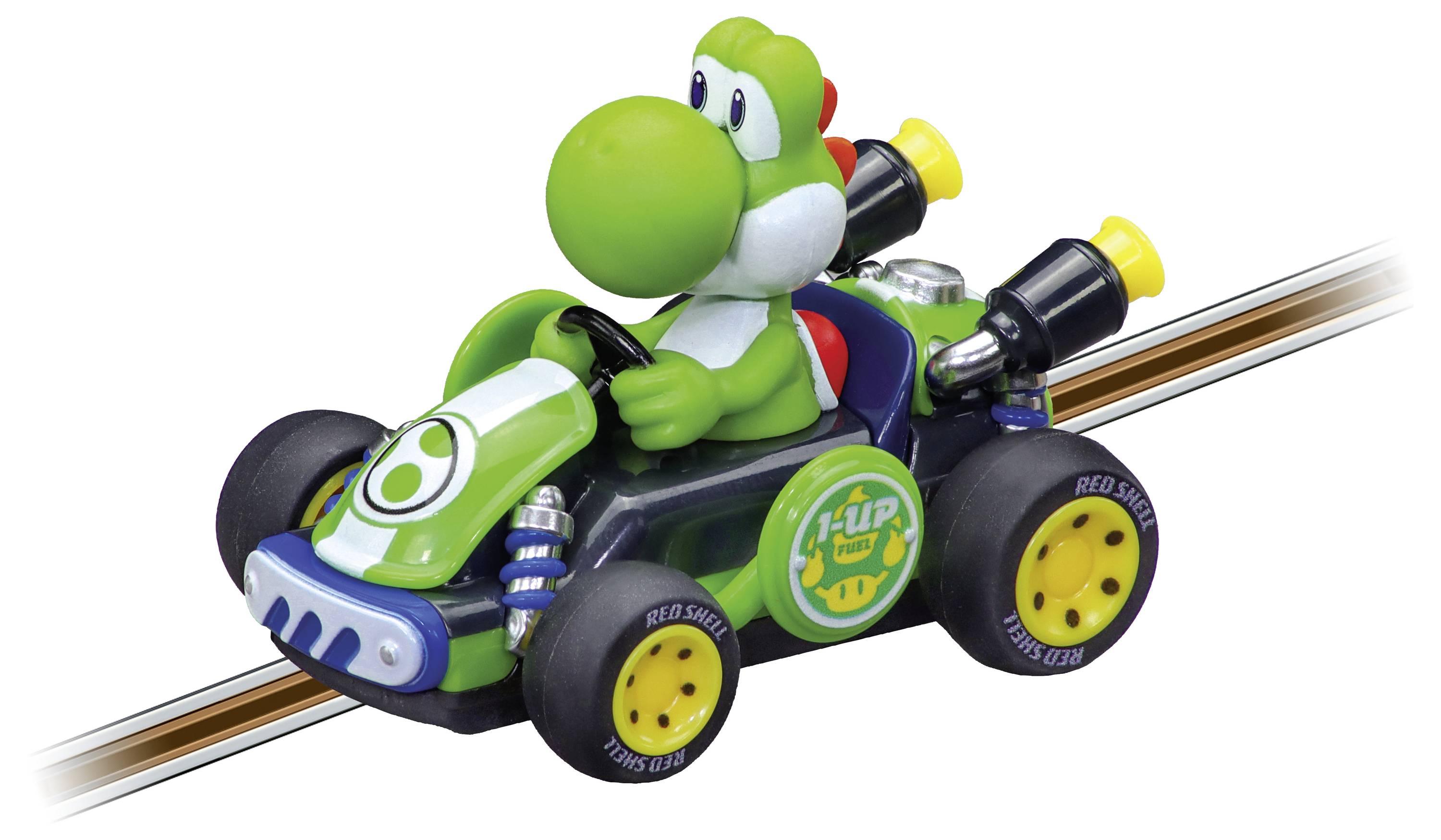 Groen Yoshi-karakter dat in een speelgoedstijl groene go-kart met dubbele achterkanten uitlaten rijdt, weergegeven op een witte achtergrond.