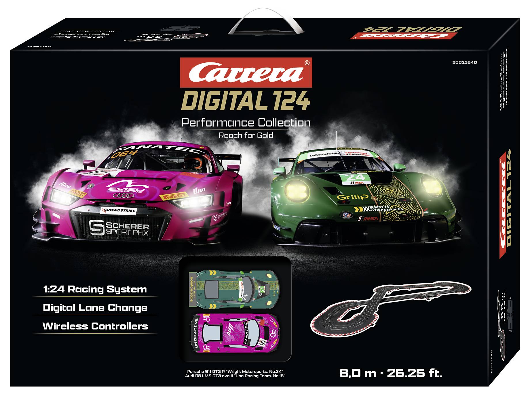 Carrera Digital 124 Performance Collection raceset doos met twee slotcars, draadloze controllers, digitale baanverandering en baanconfiguratie.