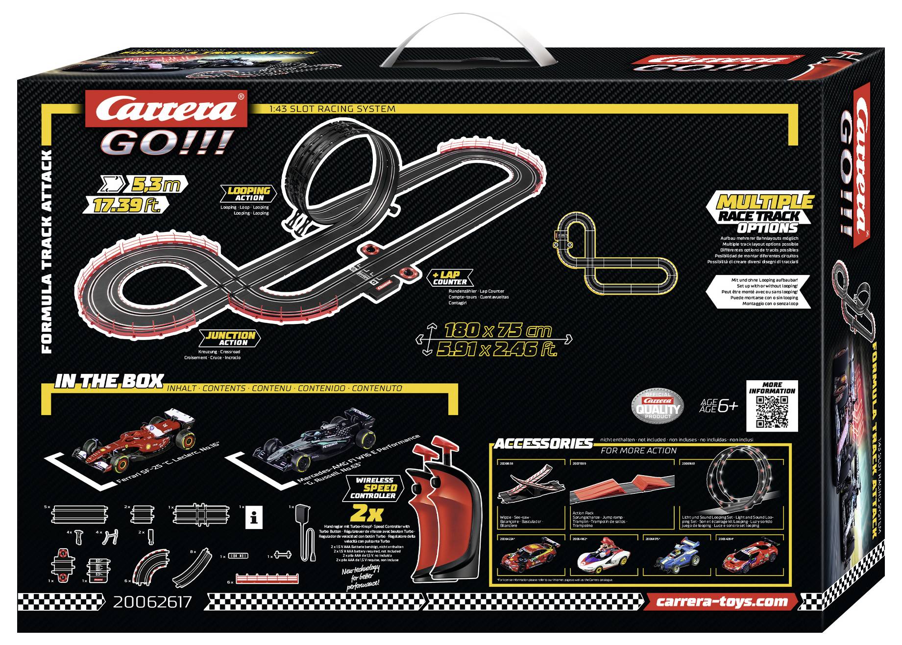 Carrera GO!!! Formula 1 slotcar racebaan set doos met loopingbaan layout, twee auto's, accessoires en 'Meerdere racebaan opties' branding.