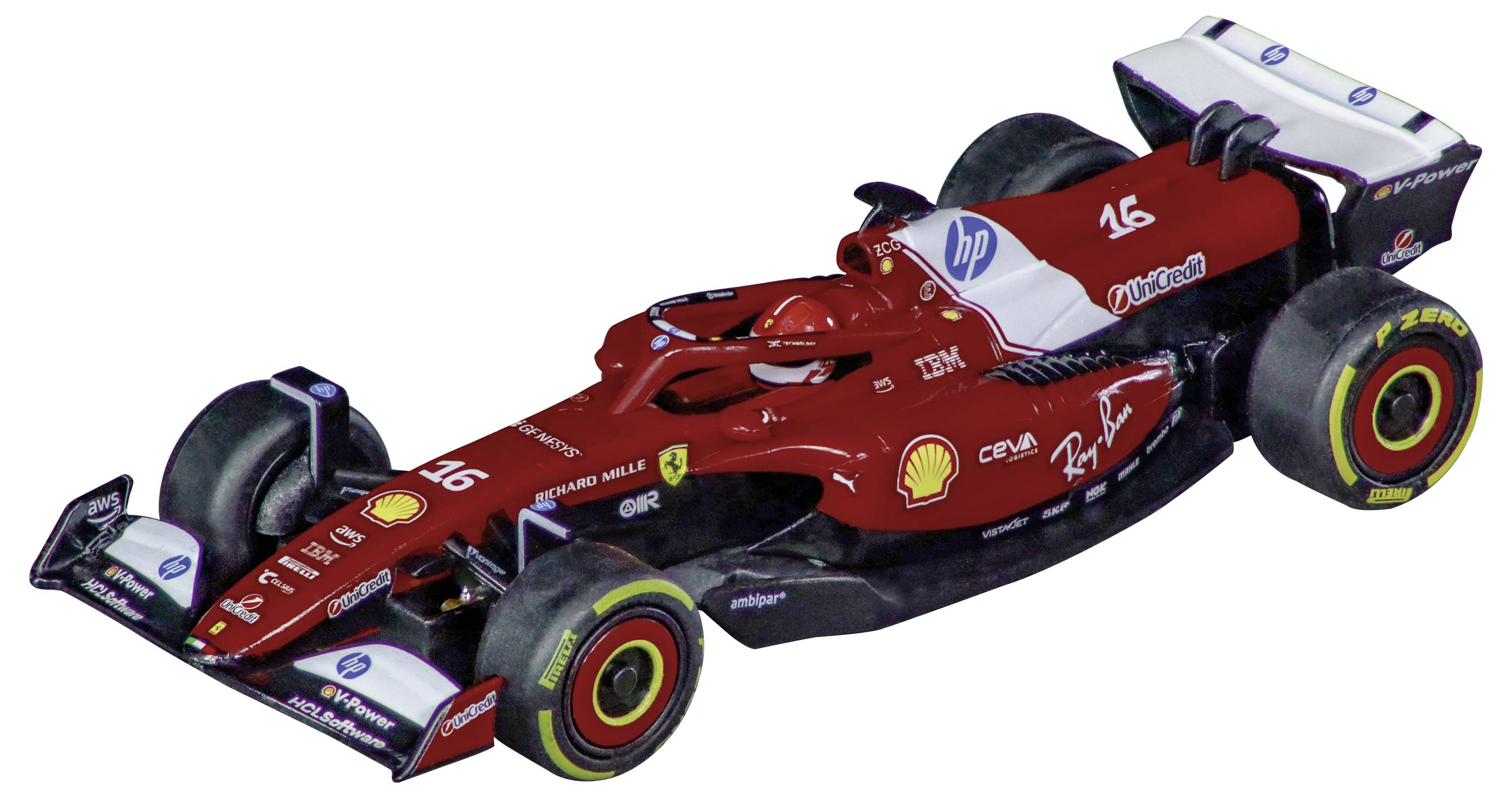 Rode Formule 1 raceauto met HP en Shell logo's, geïsoleerd op een witte achtergrond.