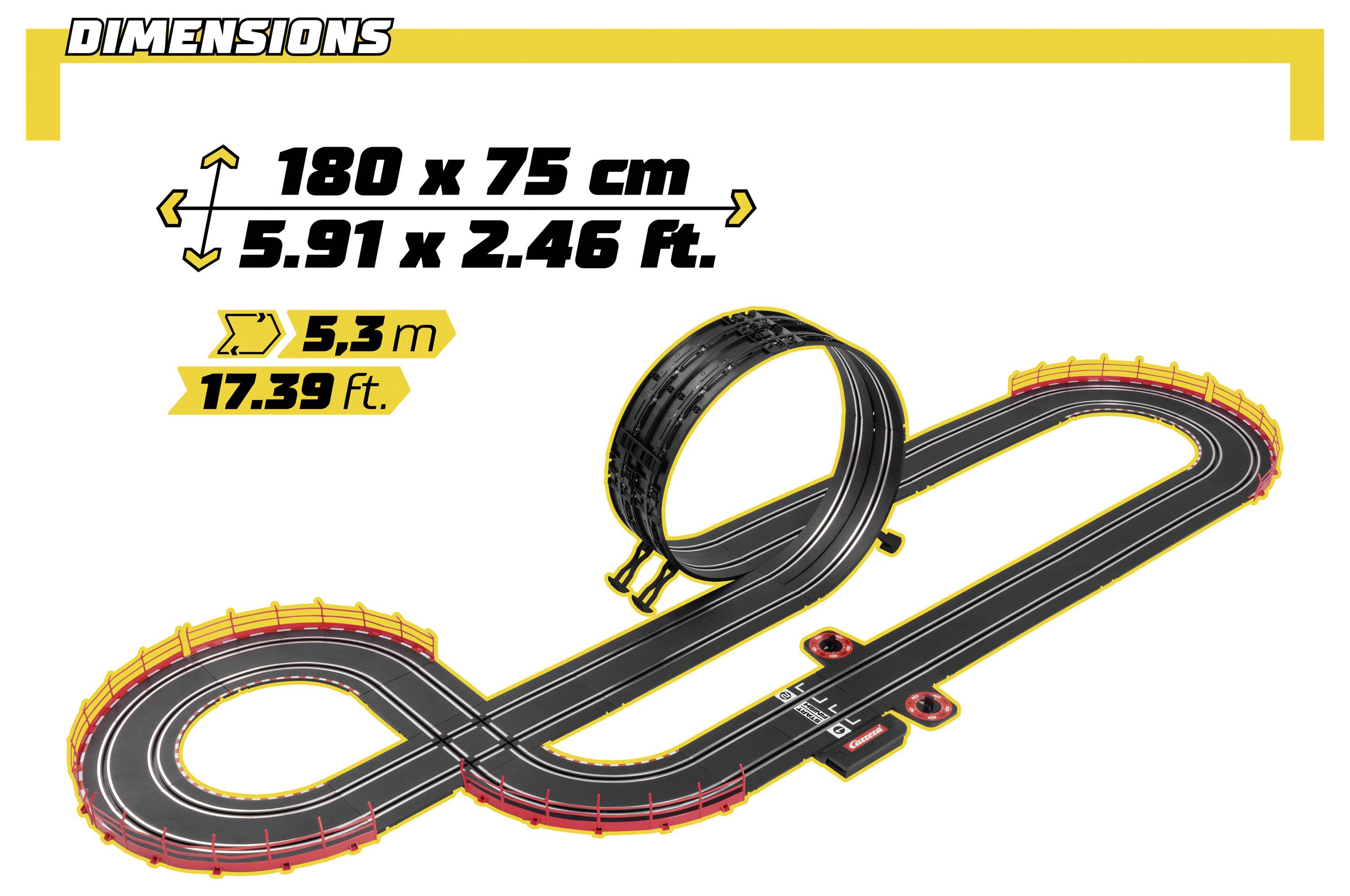 'Afmetingen' grafiek voor een slotcar-baanindeling, met afmetingen van 180 x 75 cm (5,91 x 2,46 ft) en baanlengte van 5,3 m (17,39 ft).