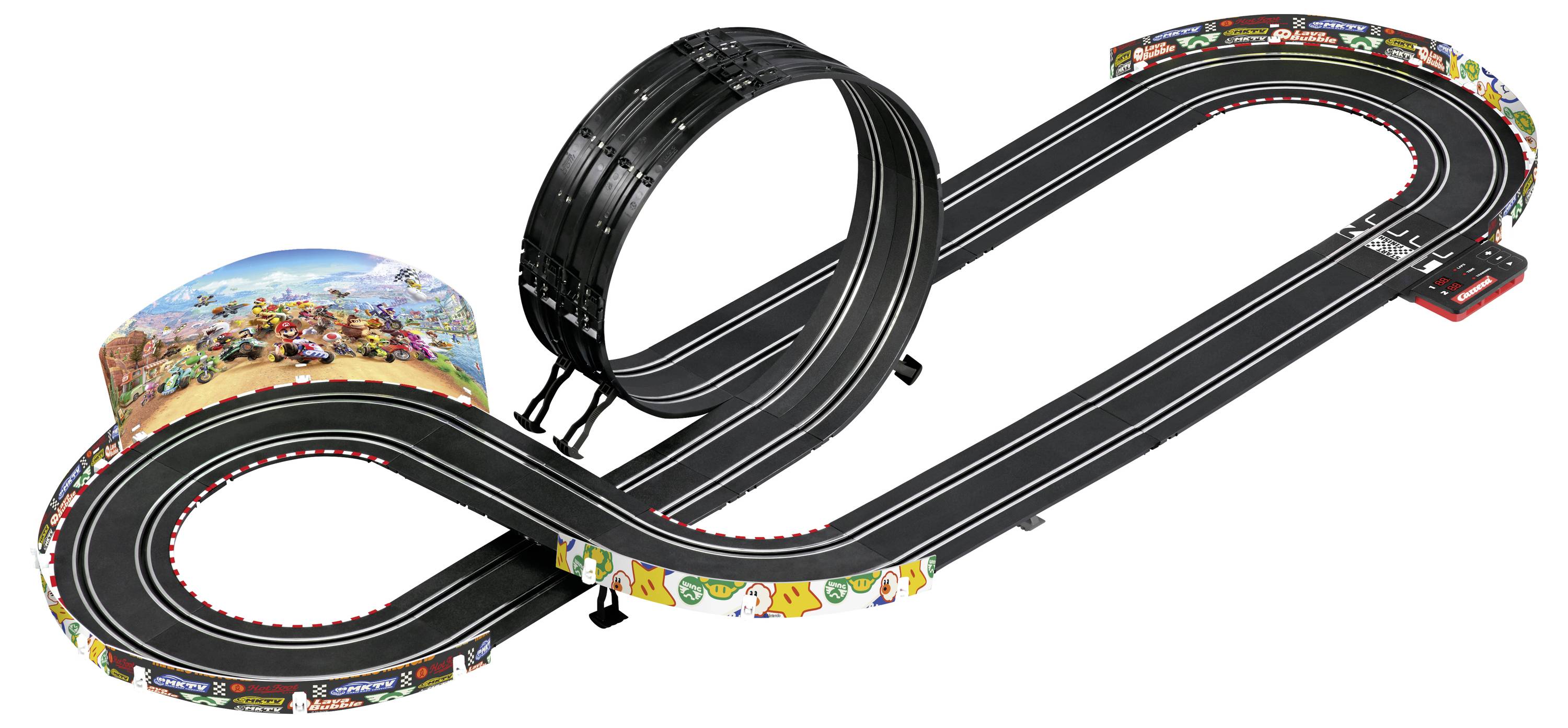 Speelgoedslotauto racecircuit met twee lussen en figure-eight-lay-out, voorzien van auto's en kleurrijke thematrack-onderdelen.