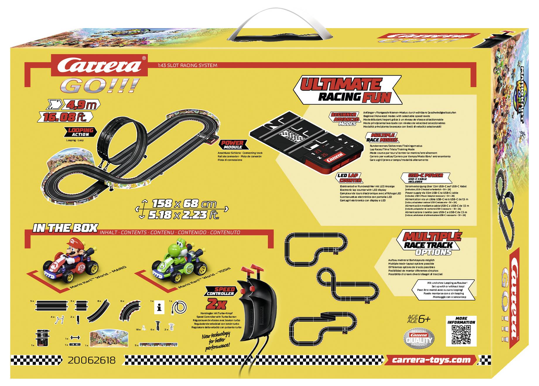 Doos voor Carrera GO!!! slotracing set met weergave van baanindeling, twee bijgeleverde auto's, controller en 'Ultimate Racing Fun' branding.