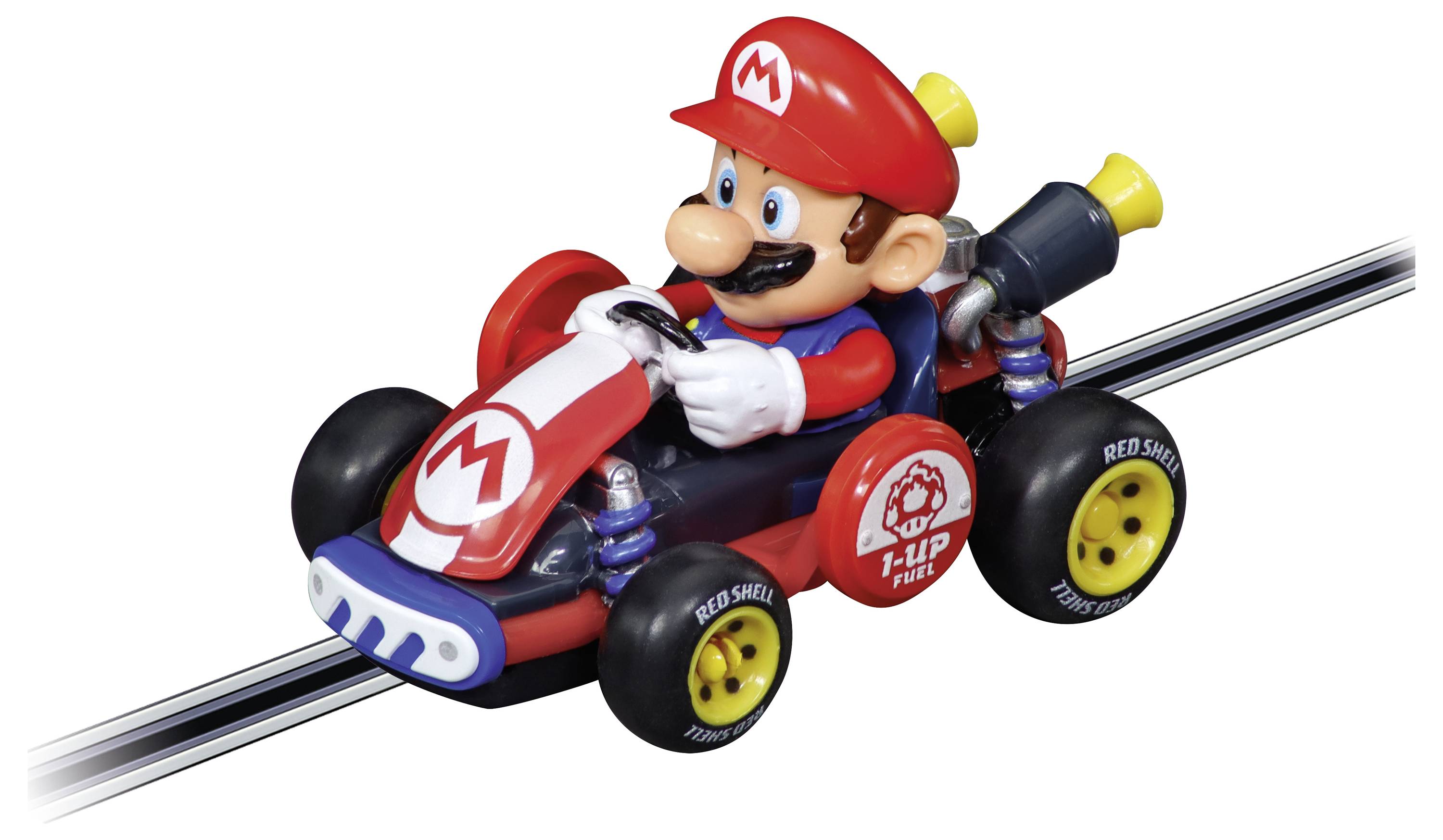 Mario bestuurde een rood speelgoed go-kart op een slotautobaan, met racing wielen en een achteruitlaat.