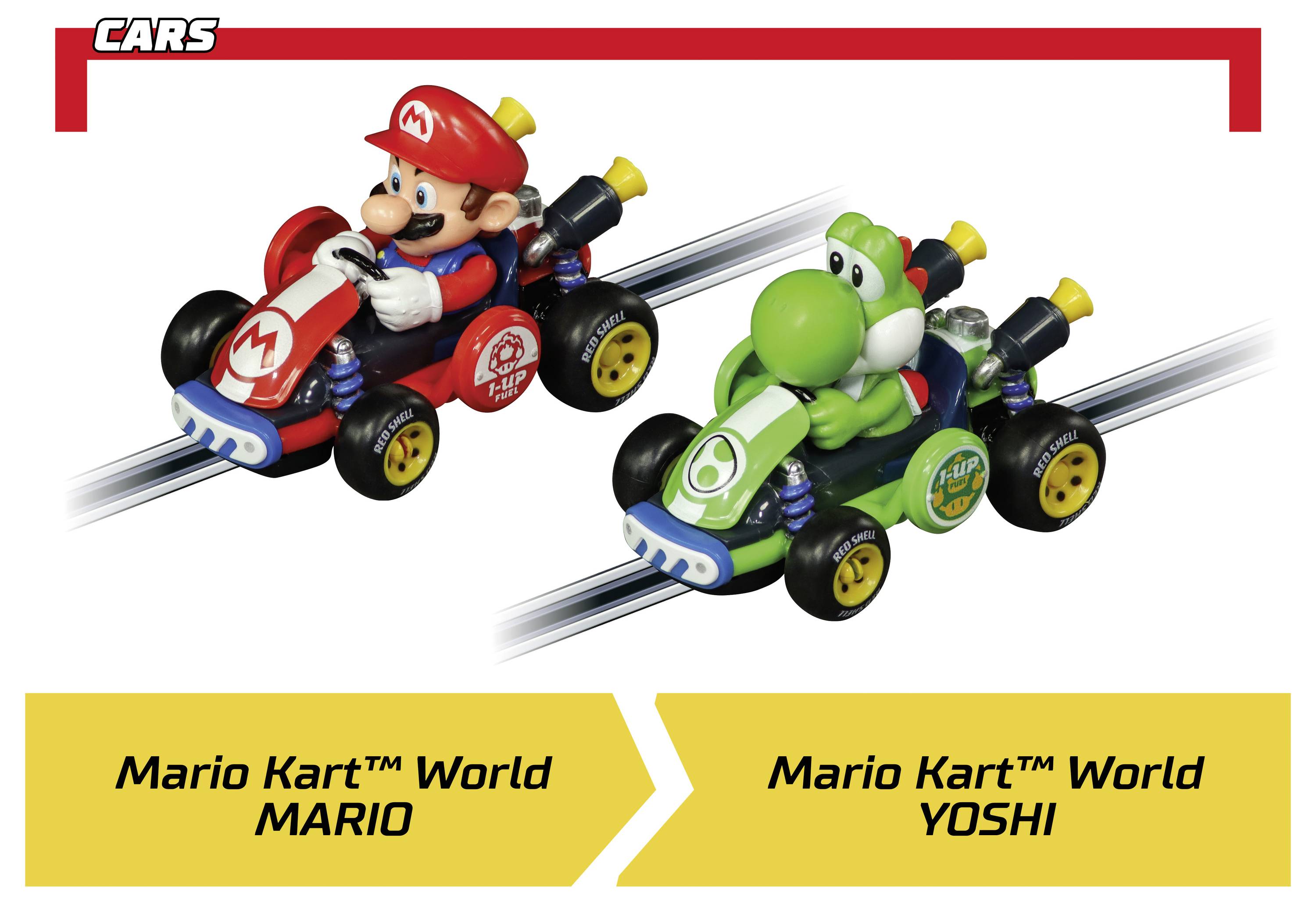 Mario Kart World speelgoedauto's met Mario in een rode kart en Yoshi in een groene kart, gelabeld 'MARIO' en 'YOSHI' onder een CARS-kop.