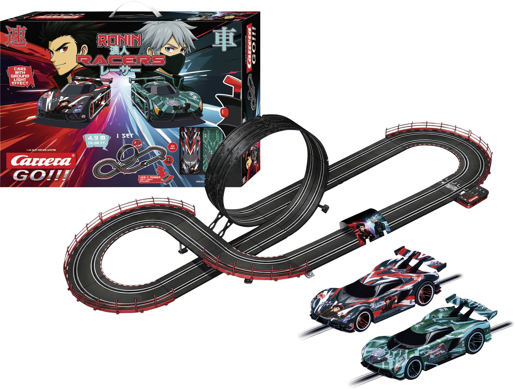 Carrera GO!!! Ronin Racers slotauto-set met loopingbaan, twee raceauto's, controller en geïllustreerde productdoos.