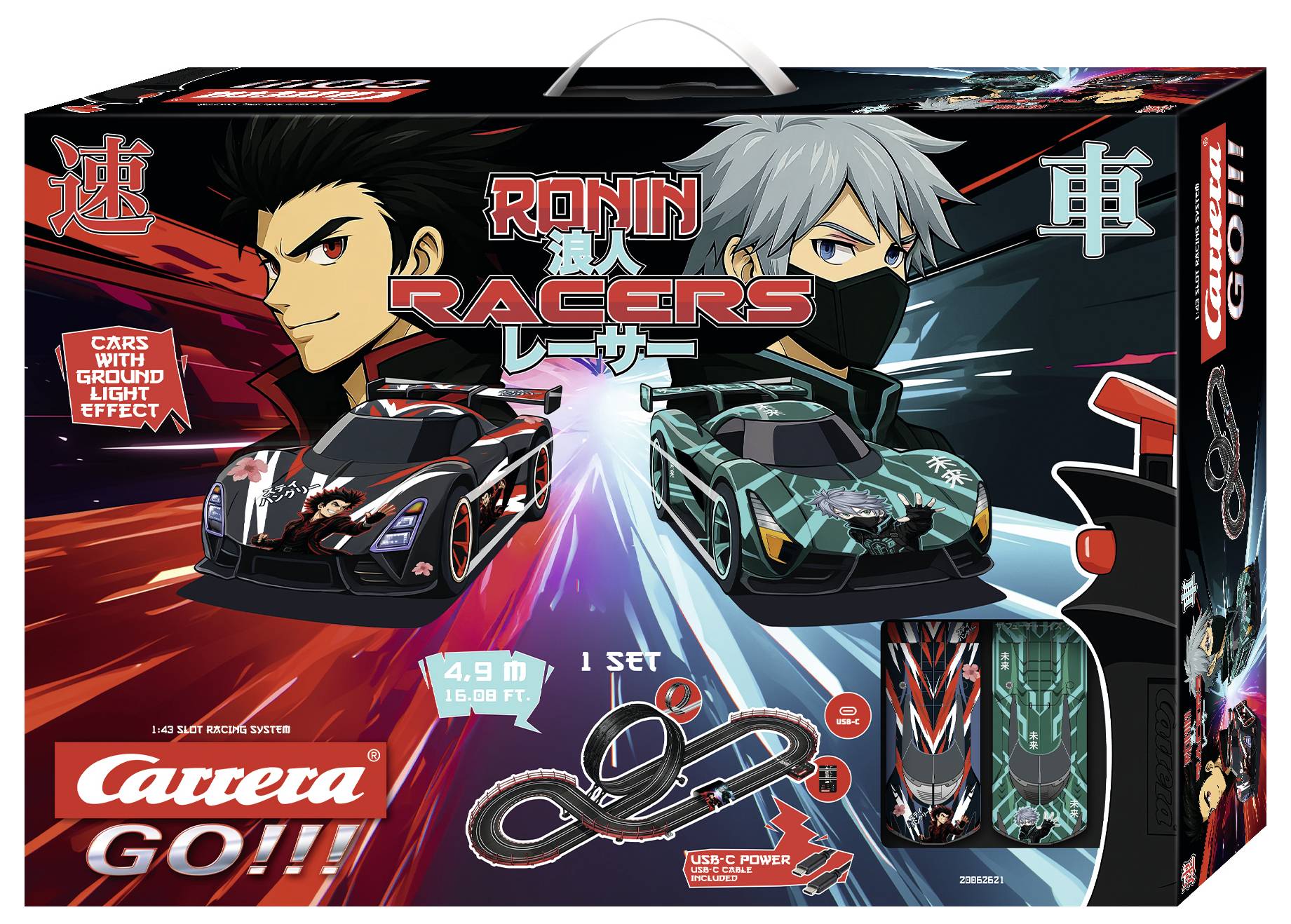 Doos art voor 'RONIN RACERS' modelautoverzameling, met twee anime-gestileerde racers en twee verlichte auto's met '1 SET' en 'AUTO'S MET RIJDEND LICHTEFFECT' tekst.