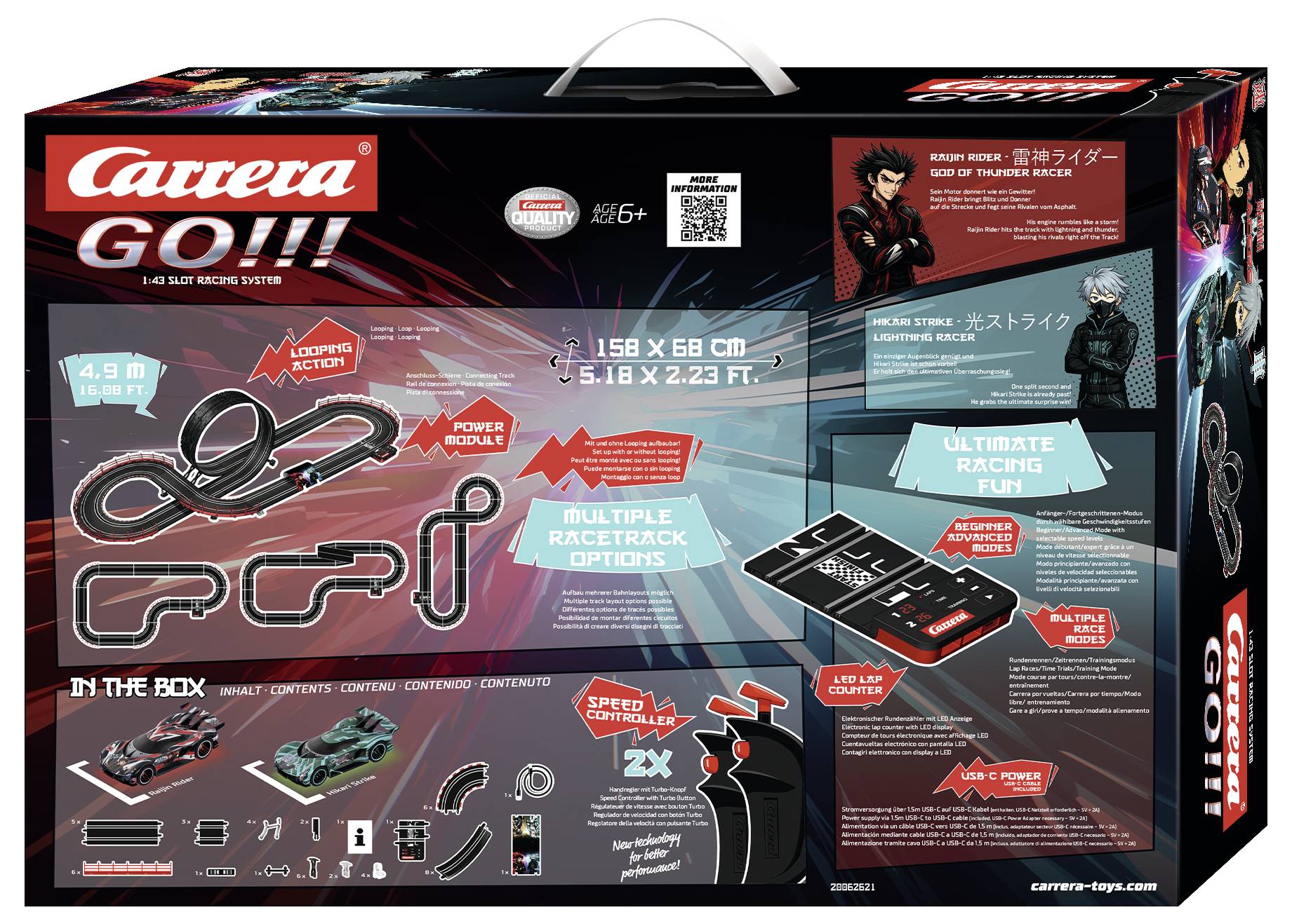 Verpakkingsafbeelding voor Carrera GO!!! miniatuurauto-circuit, met circuitindeling, twee racewagens, controller en meegeleverde onderdelen met productafmetingen en functies.
